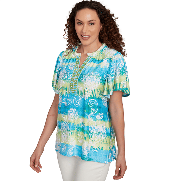 Womens Ruby Rd. Paradise Cove Batik Embroidered Tie Dye Blouse