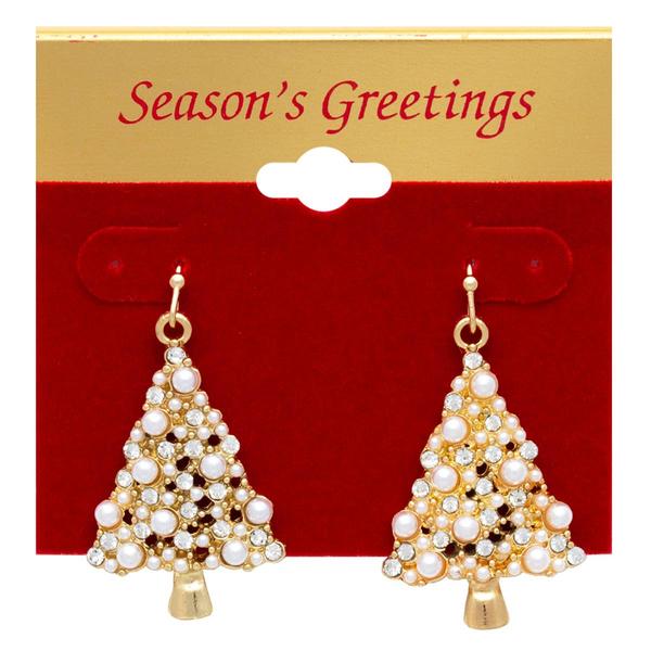 Gold-Tone And Pearl Christmas Tree Earrings