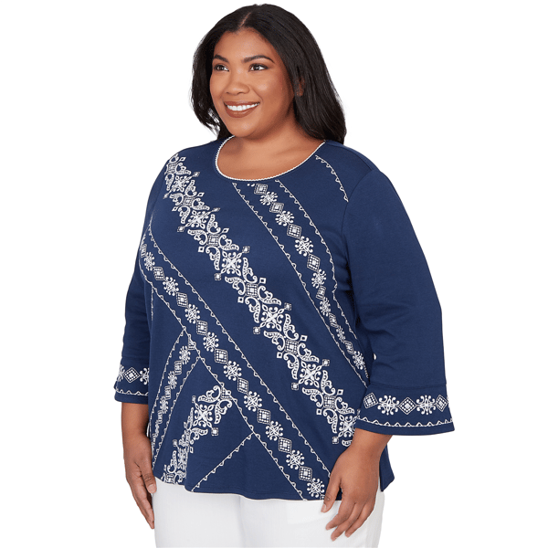 Plus Size Alfred Dunner Mykonos 3/4 Sleeve Diagonal Scroll Blouse