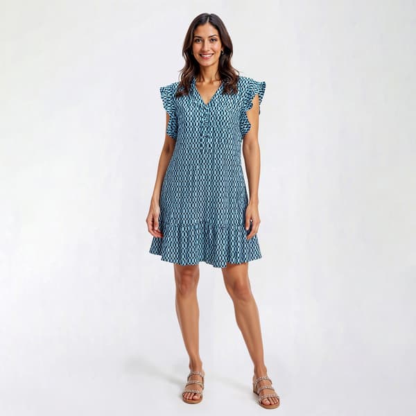 Womens Sami & Jo Sleeveless Geo Henley Ruffle Hem Shift Dress
