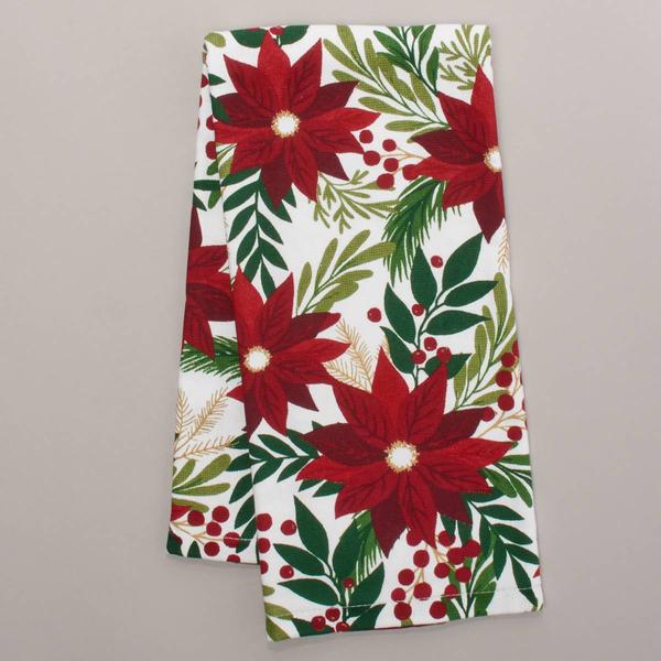 Poinsettia Greenery Red Kitchen Towel - image 