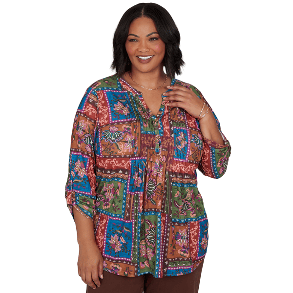 Plus Size Ruby Rd. Romance On The Ranch Pleated Floral Blouse