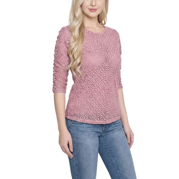 Petite NY Collection 3/4 Ruched Sleeve Lace Blouse
