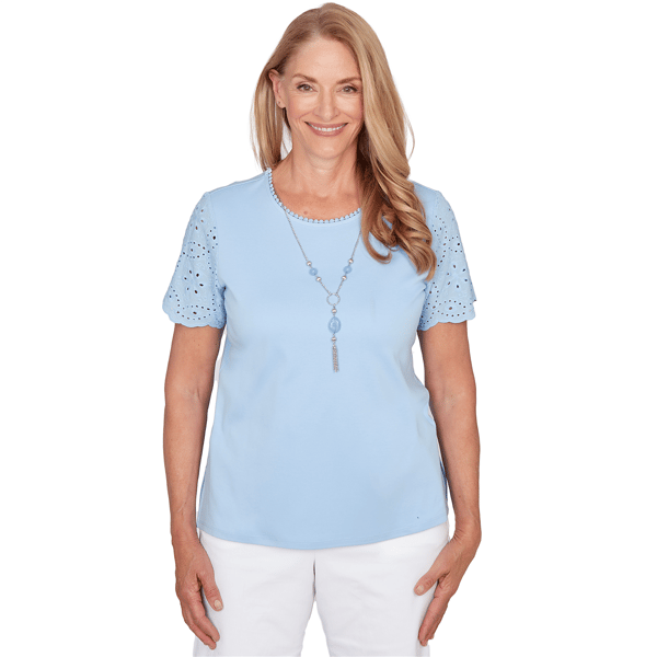 Petite Alfred Dunner Classics Short Eyelet Sleeve Solid Blouse - image 