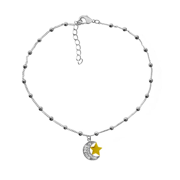 Barefootsies Two-Tone Plated Cubic Zirconia Moon & Star Anklet - image 