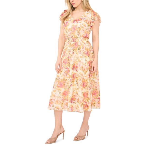 Petite MSK Cap Flutter Sleeve Smock Waist Floral Midi Dress