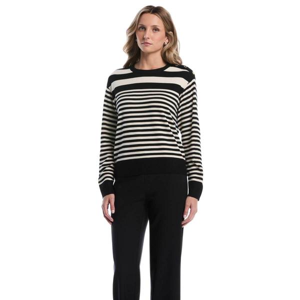 Petite Rafaella(R) Striped Rib Trim Crewneck Sweater - image 