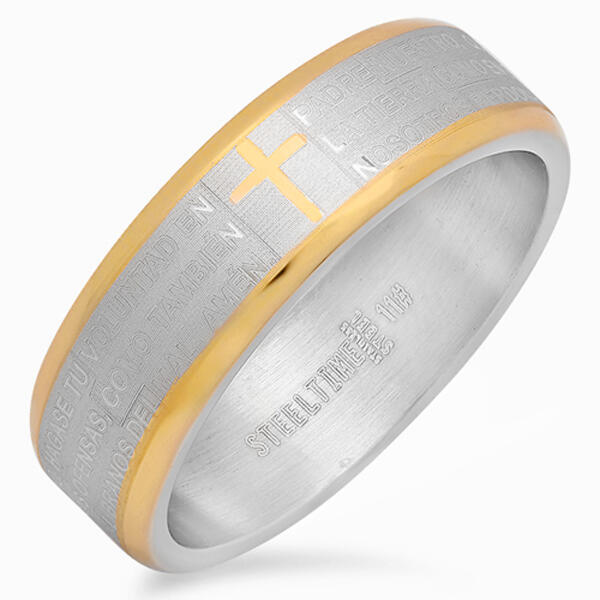 Mens Steeltime Two-Tone Stainless Steel Padre Nuestro Prayer Ring - image 