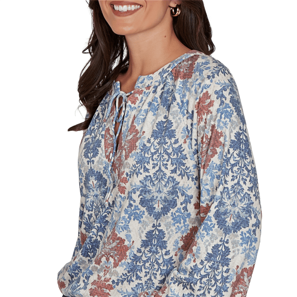 Womens Skye’s the Limit Urban Heirloom Tie Neck Damask Blouse