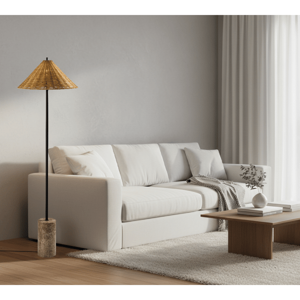 Adesso Rayne Brown Marble Base Floor Lamp with Rattan Shade