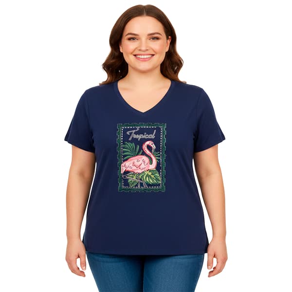 Plus Size New York Laundry Short Sleeve Tropical V-Neck Tee - image 