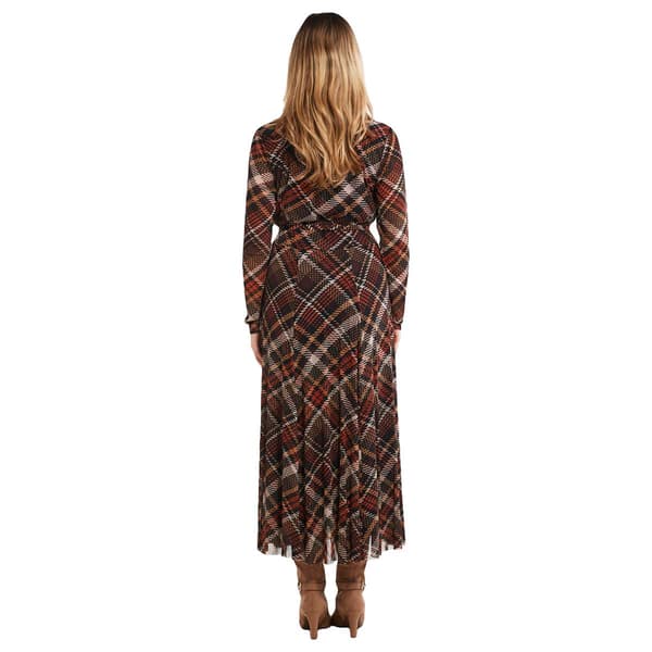 Womens Sandra Darren Long Sleeve Tie Waist Plaid Mesh Dress