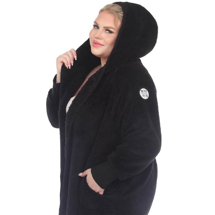Plus Size White Mark Plush Hooded Cardigan With Pockets