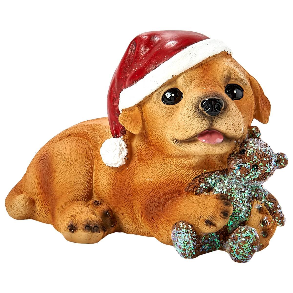 Resin Dog w/ Santa Hat & Teddy Bear