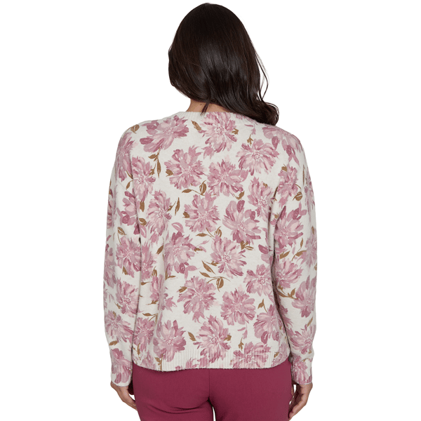 Petite Hearts of Palm Berry Fabulous Long Sleeve Floral Sweater