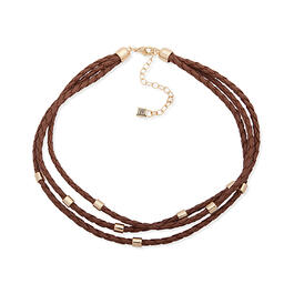 Chaps 3 Row Gold-Tone & Brown Leather Necklace