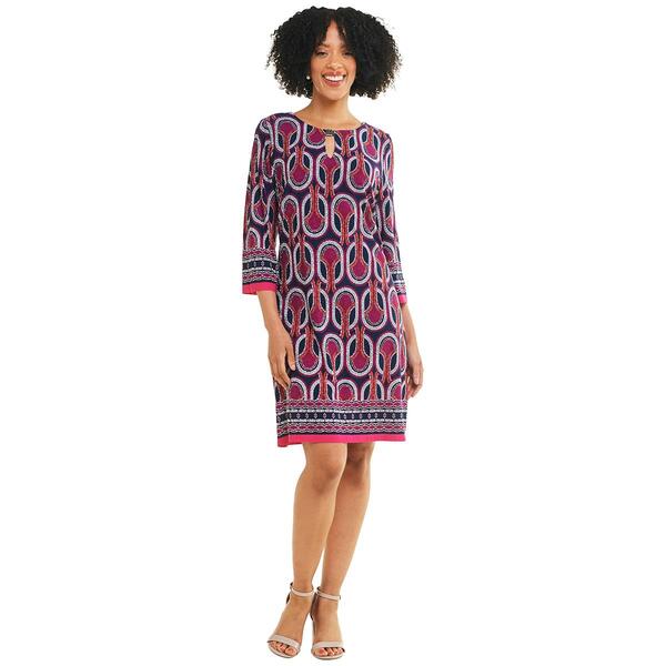 Womens Sandra Darren 3/4 Sleeve Keyhole Neck Border Shift Dress - image 