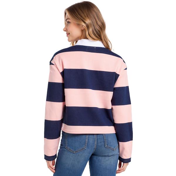 Juniors No Comment Striped Rugby Fleece Pullover- Pink