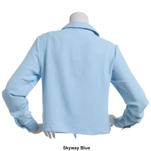 Juniors No Comment Long Sleeve Tie Front Button Up Blouse