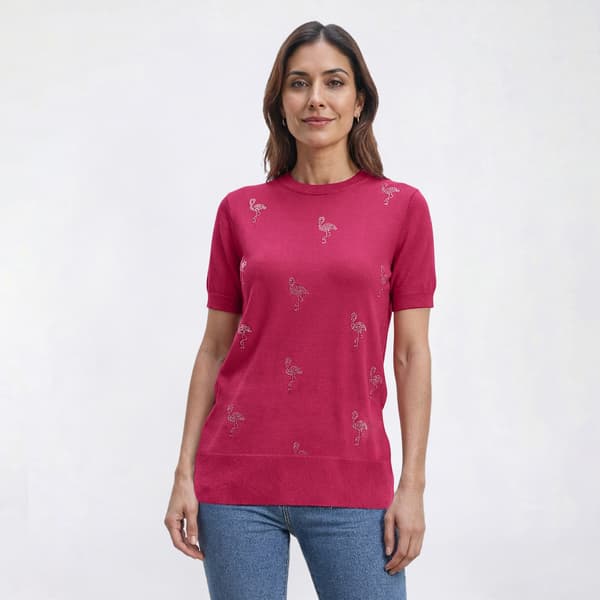 Womens Nanette Lepore Short Sleeve Bedazzled Flamingo Sweater - image 