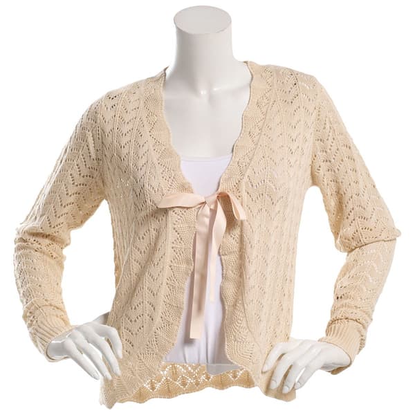 Juniors A. Byer Long Sleeve Crochet Ribbon Tie Sweater Cardigan - image 