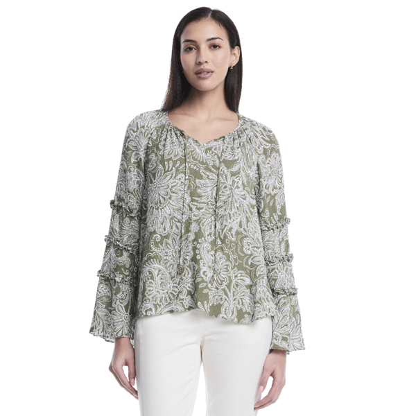 Petite Rafaella(R) Damask Tiered Ruffle Bell Sleeve Blouse - image 