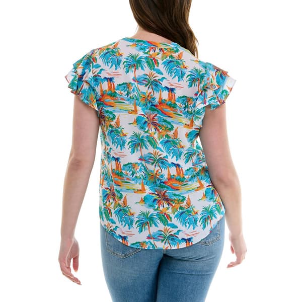 Womens Zac & Rachel Flutter Sleeve Beach Scenic Crepe Blouse