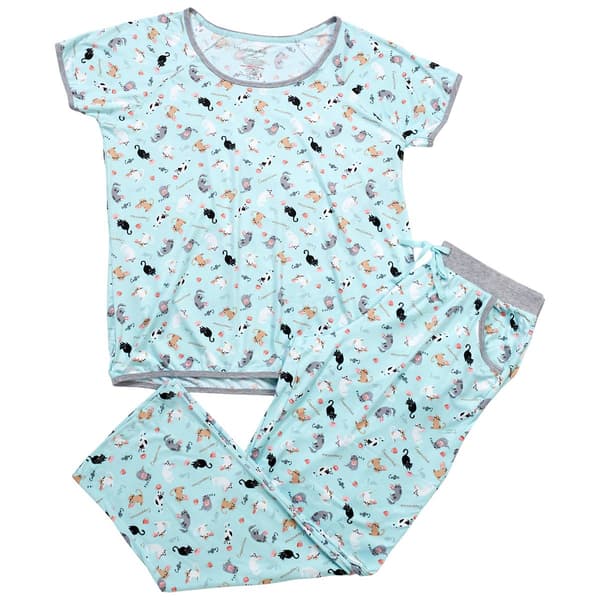 Womens Pillow Talk Short Sleeve Cats Printed Poly Spand Jogger Pa