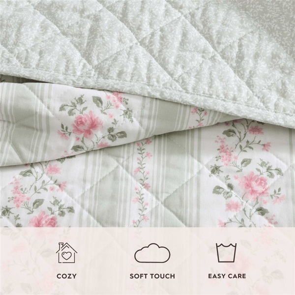 Laura Ashley Rosebud Stripe Reversible Reversible Qulit Set