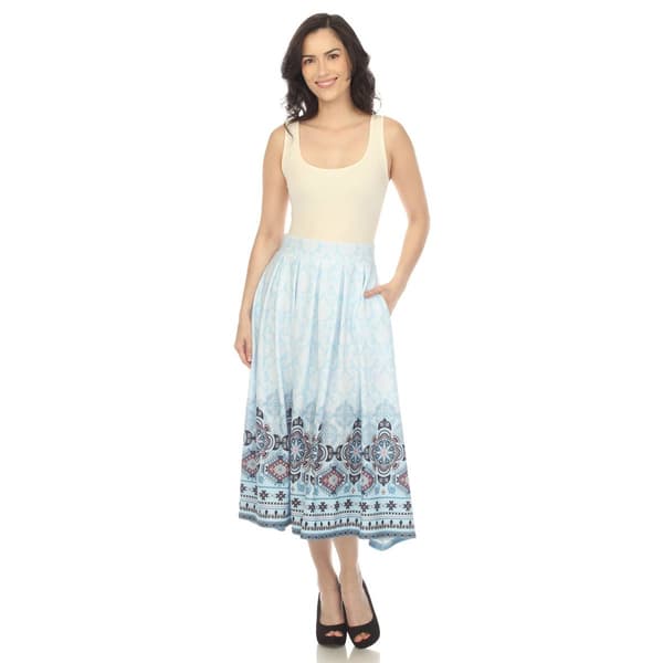 Womens White Mark Pleated Skirt with Border Prints