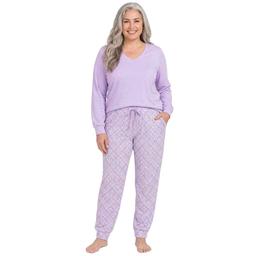 Plus Size White Orchid Solid V-Neck Top/Tile Pants Pajama Set