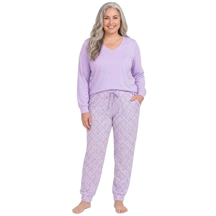 Plus Size White Orchid Solid V-Neck Top/Tile Pants Pajama Set