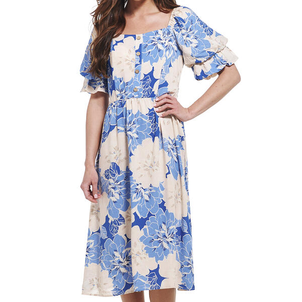 Womens Luxology Puff Sleeve Floral Linen Midi Challis Dress