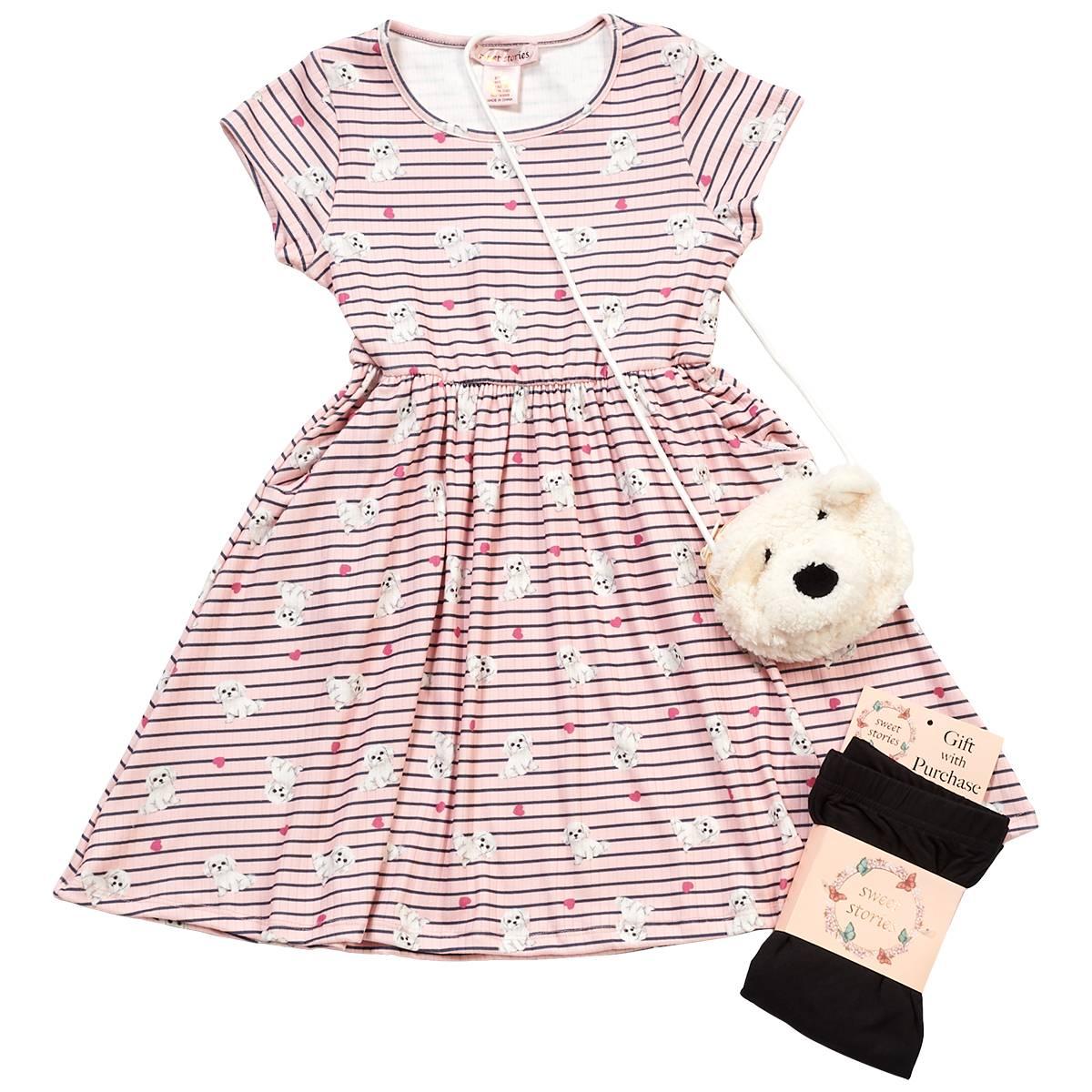 Girls (4-6x) Sweet Stories Dog Striped Dress w/Tights & Dog Purse