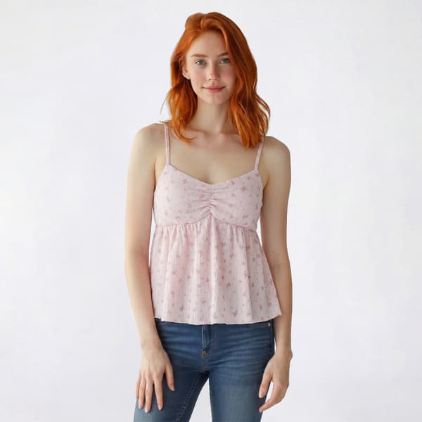 Juniors Pink Rose Crinkle Knit Babydoll Camisole with Bra Cups - image 