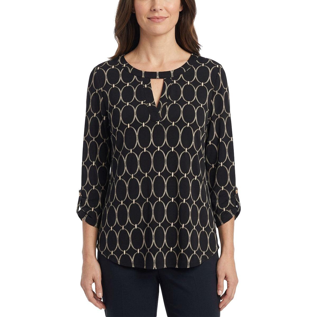 Womens Cure 3/4 Roll Tab Sleeve Knit Crepe Top - Circles