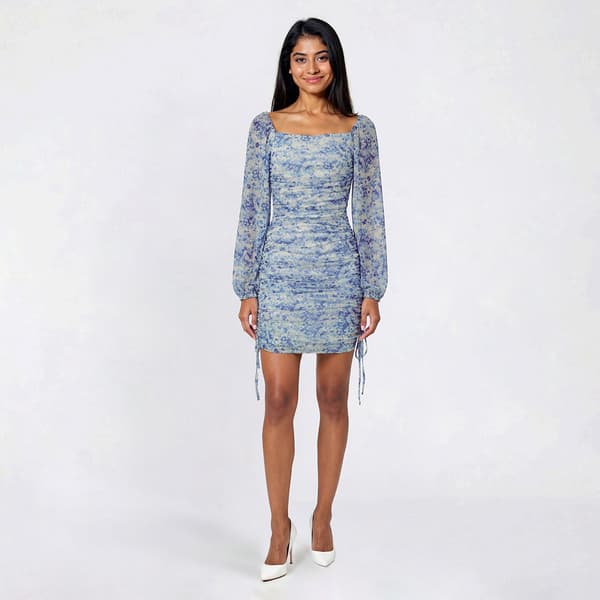 Juniors Jump Long Sleeve Print Chiffon Square Neck Sheath Dress