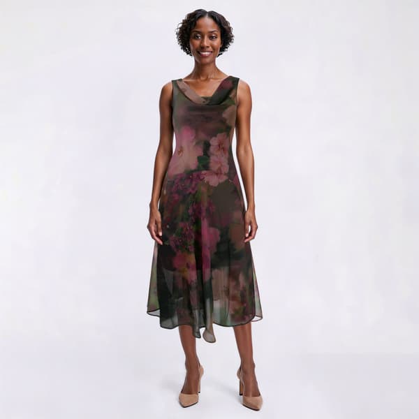 Womens Robbie Bee Sleeveless Floral Chiffon Drape Neck Midi Dress
