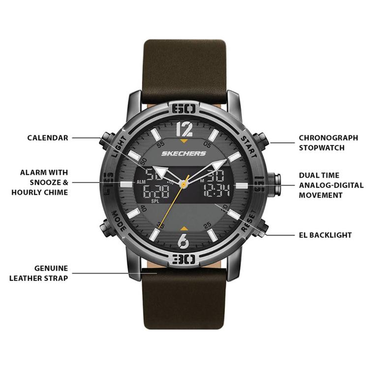 Mens Skechers Gunmetal Leather Strap Watch - SR5159