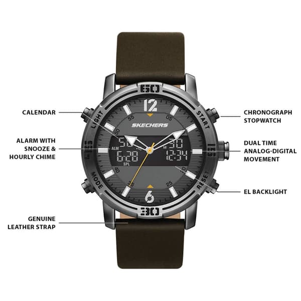 Mens Skechers Gunmetal Leather Strap Watch - SR5159