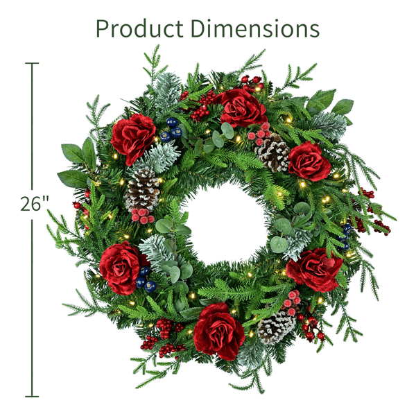 Puleo International 26in. Pre-Lit LED Rose Adorned Wreath