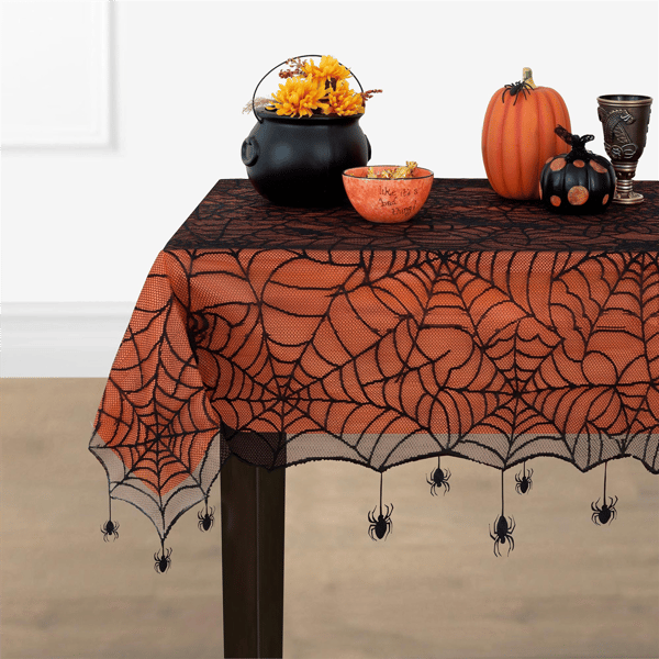 Threadmade Crawling Halloween Spider Lace Lined Tablecloth
