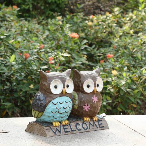 Hi-Line Gift Owl Couple with Welcome Sign Garden Statue