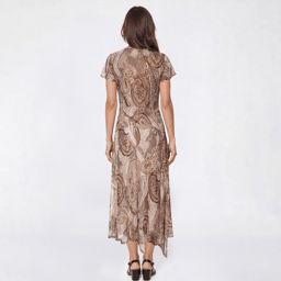 Womens Vivid Aura Flutter Sleeve Paisley Mesh Midi Dress