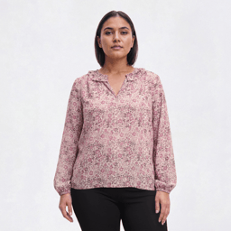 Plus Size Preswick & Moore(R) Long Sleeve Floral Ruffle Neck Blouse