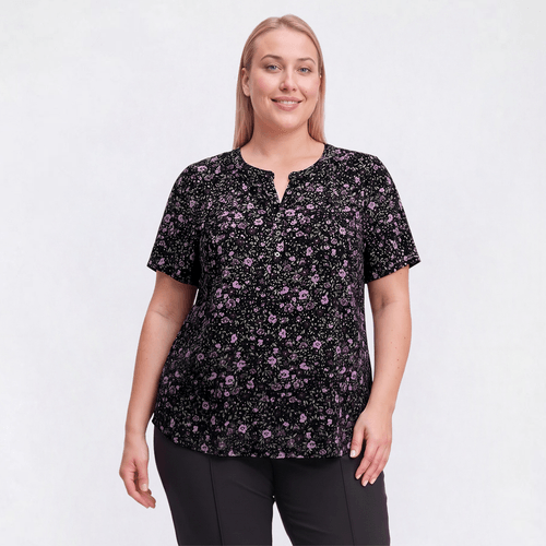 Plus Size Napa Valley Short Sleeve Floral Pleated Henley Blouse - image 