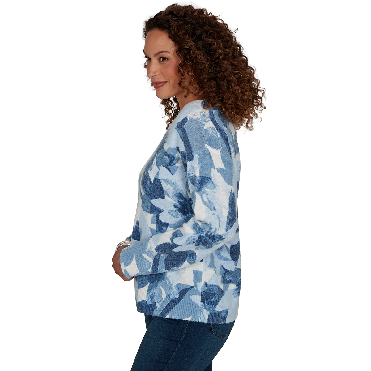 Womens Skye’s the Limit Icy Blue Sparkle Abstract Floral Sweater