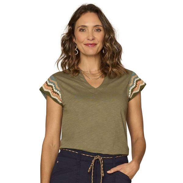 Womens Democracy Crochet Cap Sleeve Split Neck Blouse