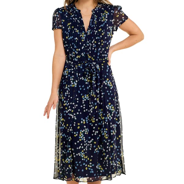 Womens MSK Short Sleeve Chiffon Pintuck Floral Midi Dress