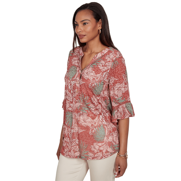 Womens Ruby Rd. Sedona Escape Tropical Burnout Henley Blouse